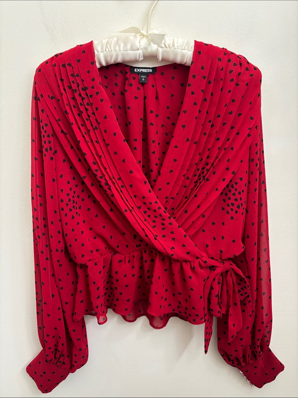 Express Red Wrap Blouse with Black Heart Print